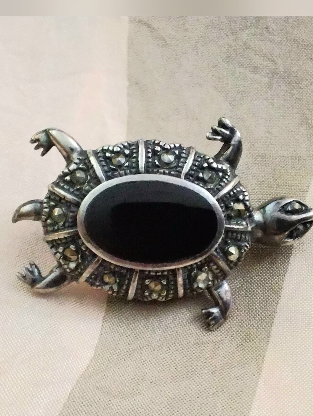 Vintage Marcasite & Onyx Turtle Brooch 925 Silver